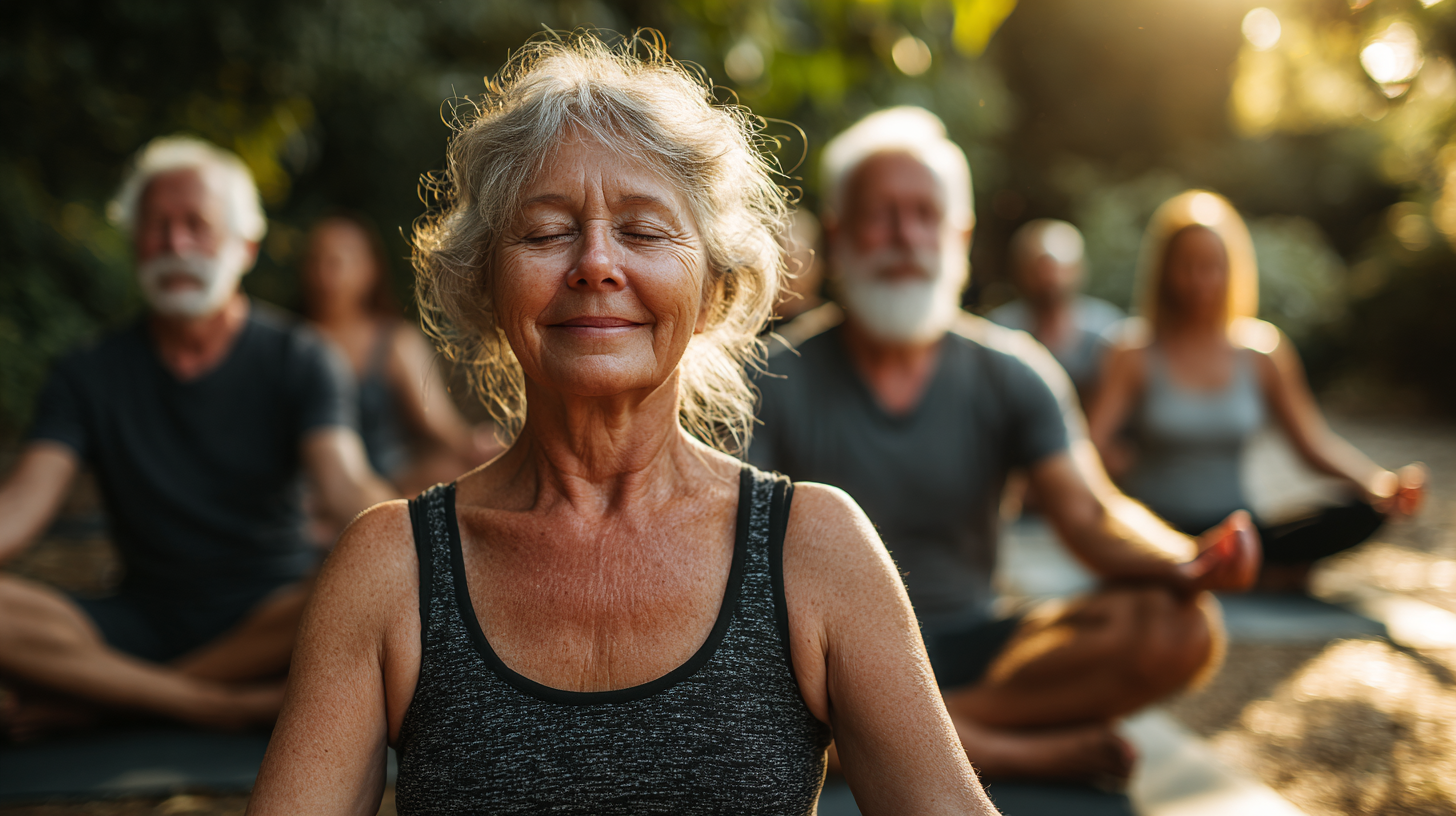 Група людей зрілого віку займається йогою разом